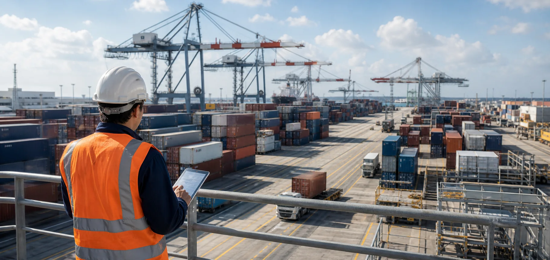 Terminal portuaire avec conteneurs et grues — transitaire Chine-France